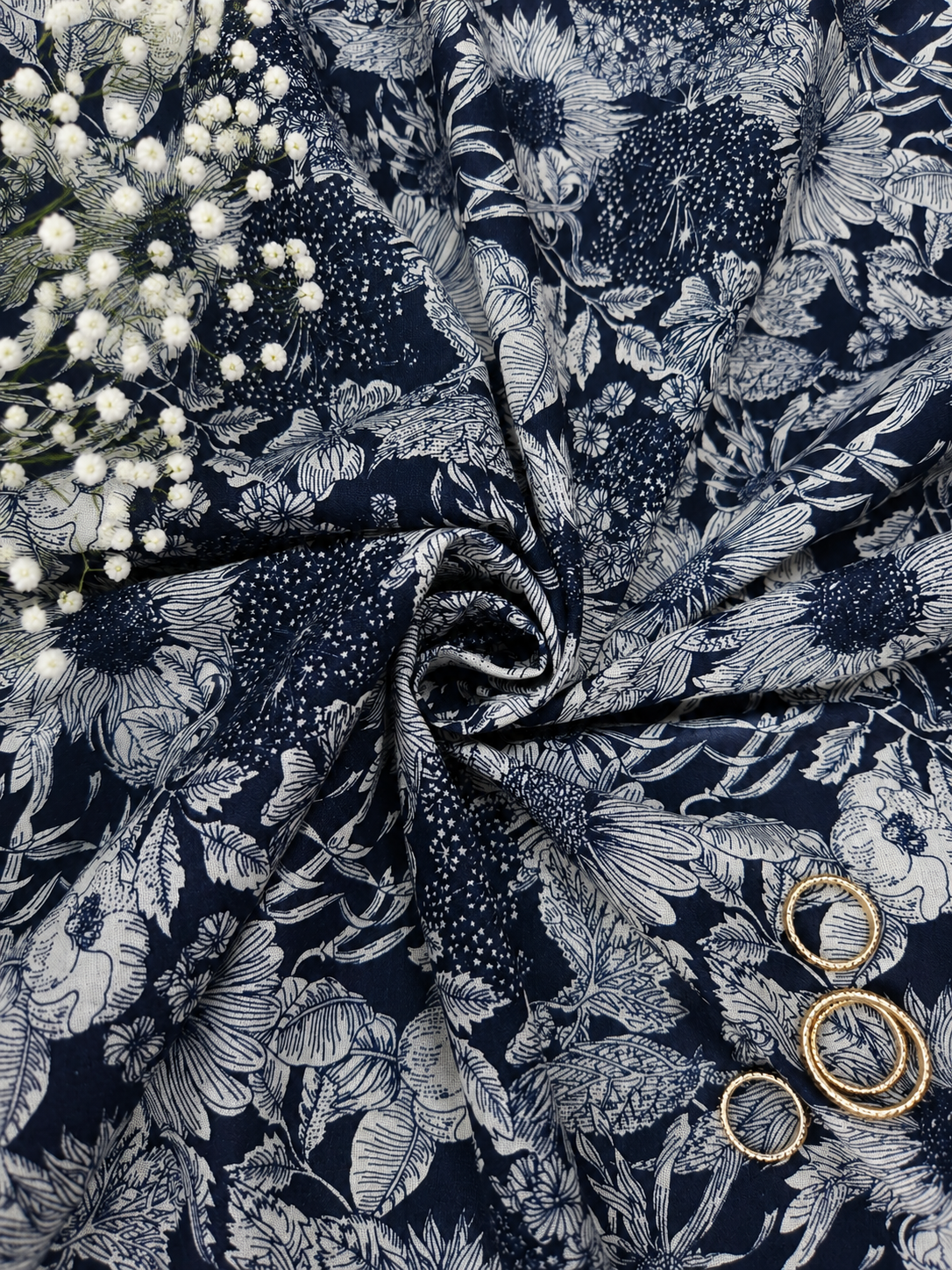 Blue Porcelain Floral Linen Blend Fabric