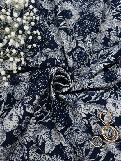 Blue Porcelain Floral Linen Blend Fabric