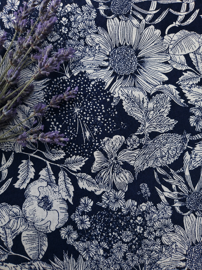 Blue Porcelain Floral Linen Blend Fabric