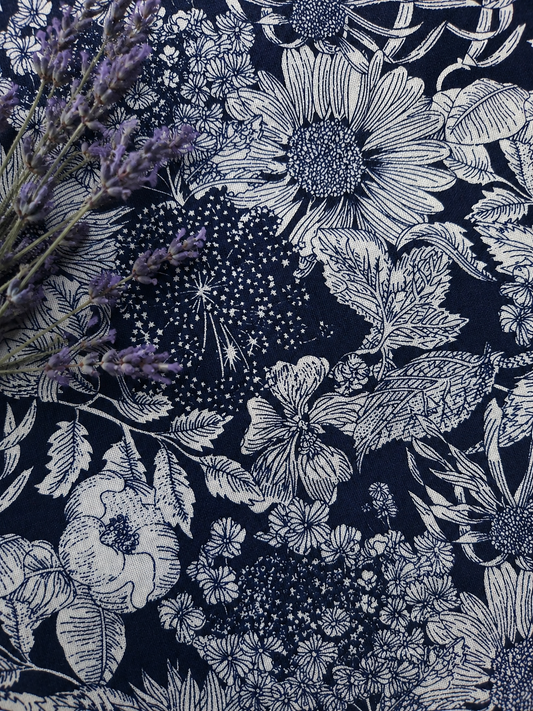 Blue Porcelain Floral Linen Blend Fabric
