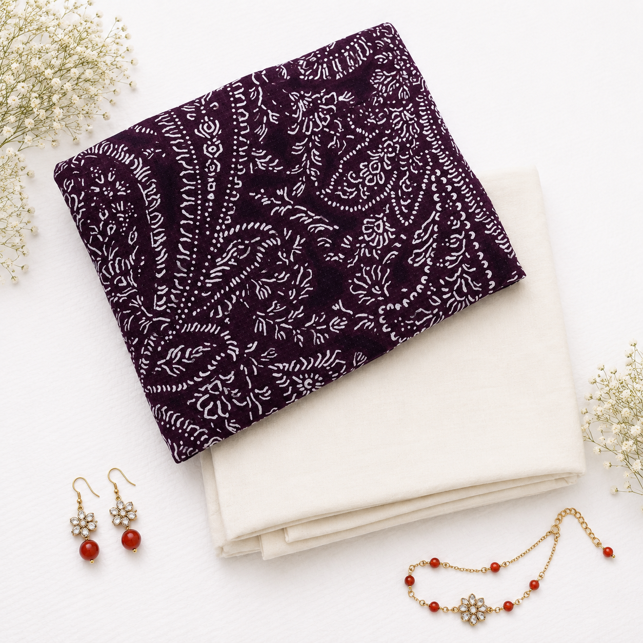 Premium Batik Printed Cotton Suit Set with Plain Bottom