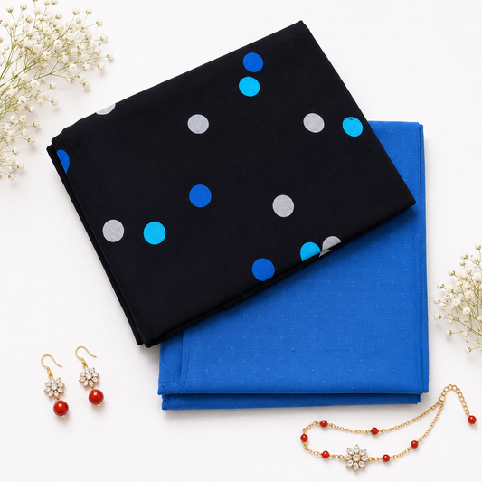 Premium Polka Dot Cotton Suit Set with Textured Plain Bottom