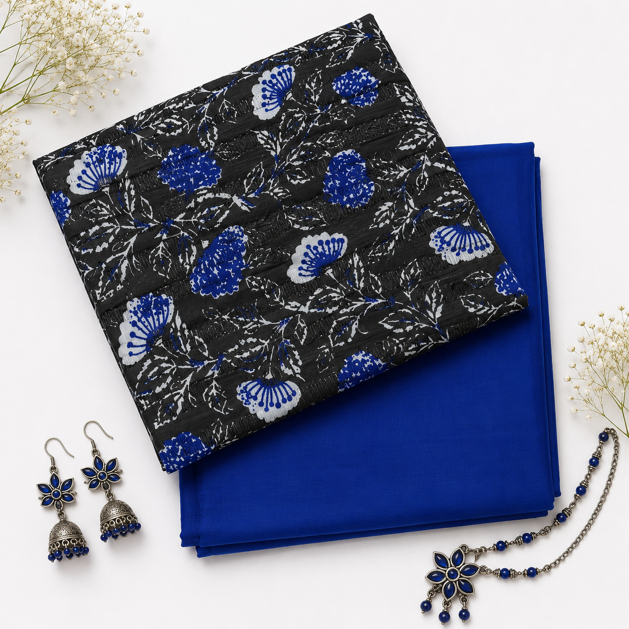 Premium Blue Floral Cotton Suit Set Fabric with Plain Bottom
