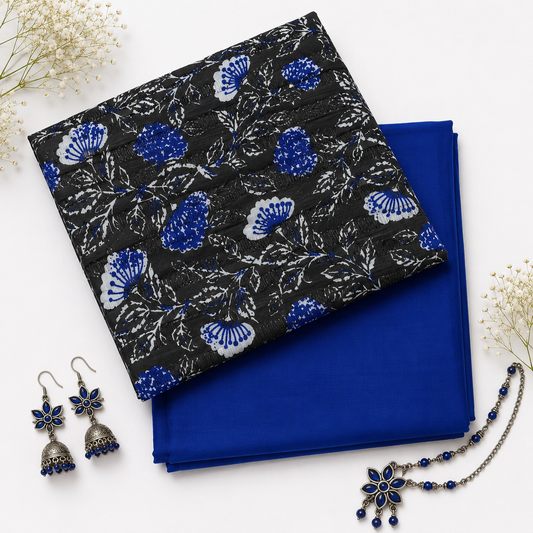Premium Blue Floral Cotton Suit Set Fabric with Plain Bottom