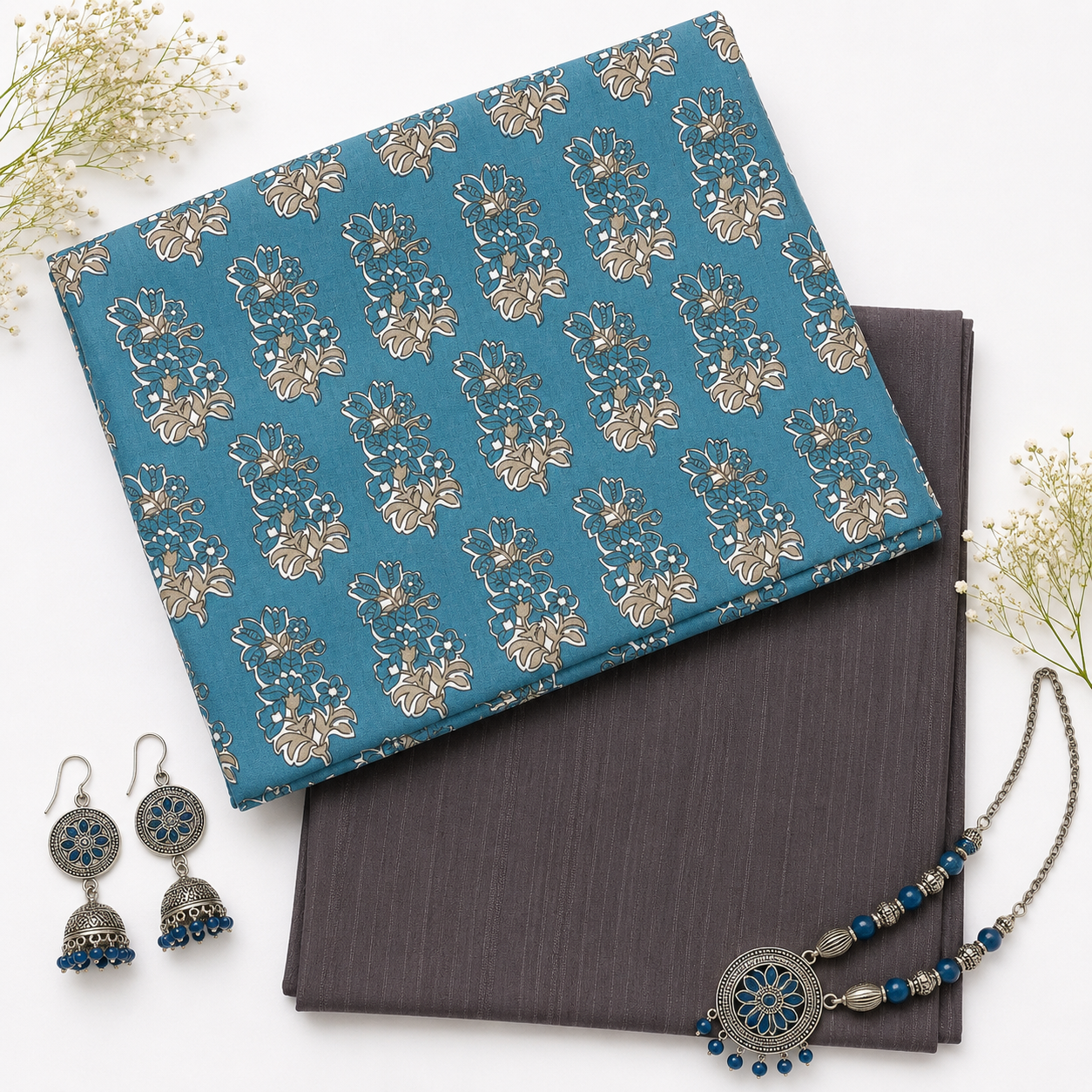 Premium Floral Cotton Suit Set Fabric with Plain Bottom