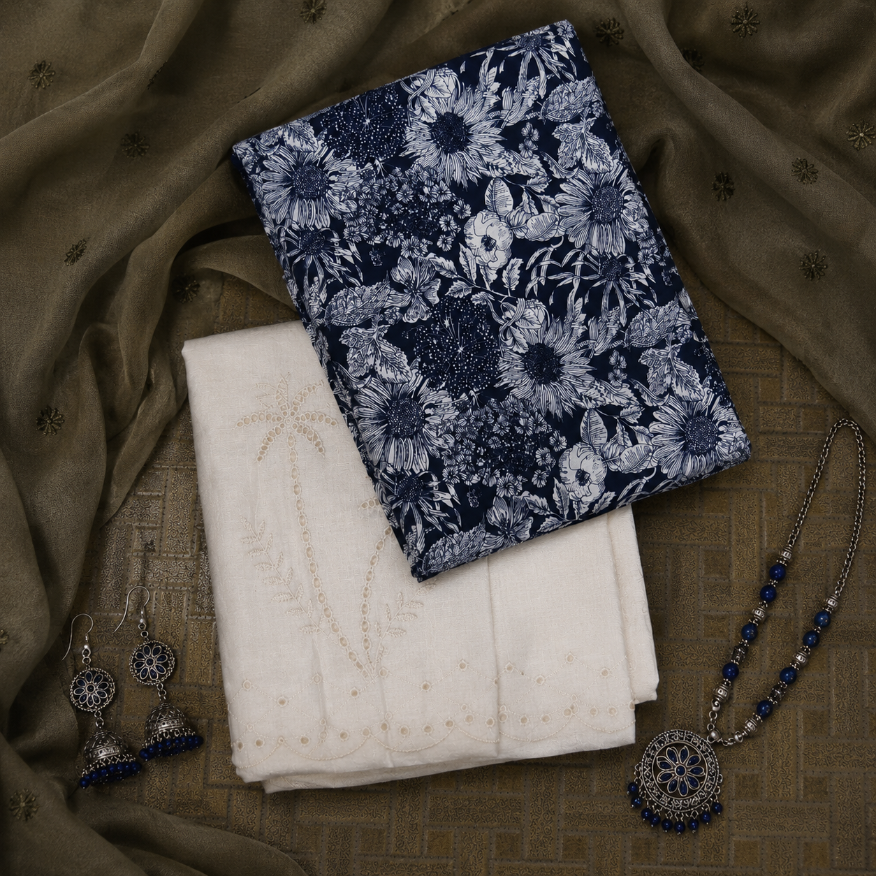 Premium Floral Linen Suit Set with Cotton Chicken Border Bottom