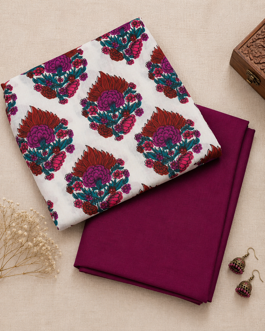 Premium Floral Printed Cotton Suit Set with Plain Magenta Bottom