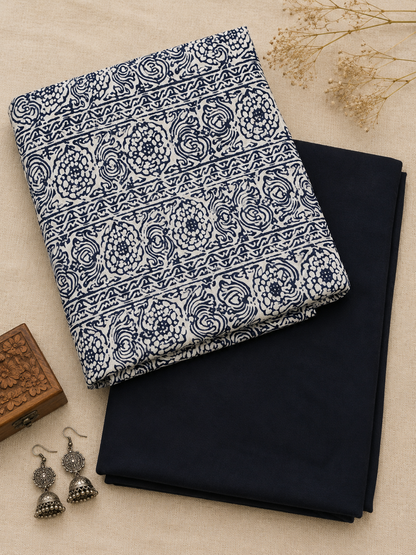 Premium Floral Printed Cotton Suit Set with Plain Navy Bottom