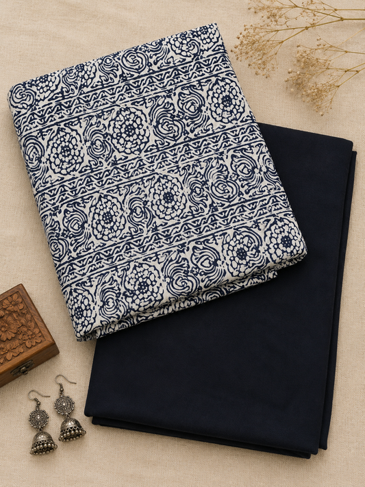 Premium Floral Printed Cotton Suit Set with Plain Navy Bottom