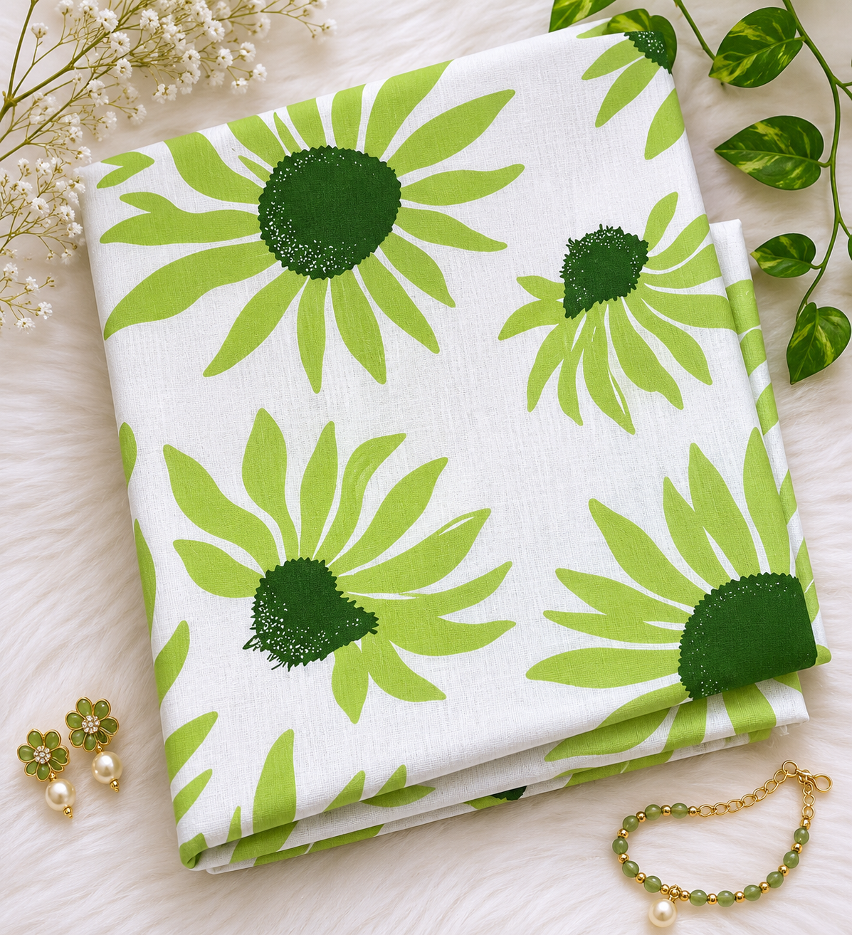 Green Sunflower Bloom Pure Linen Fabric – Premium Floral Print