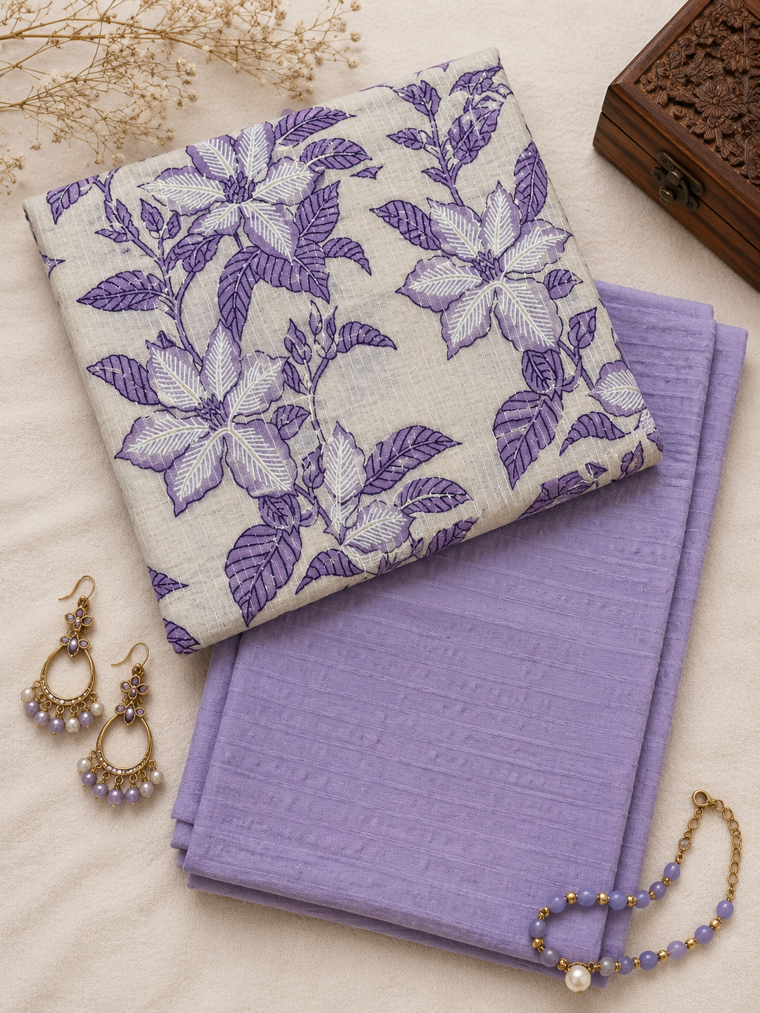 Premium Lilac Floral Cotton Suit Fabric with Self Texture Bottom