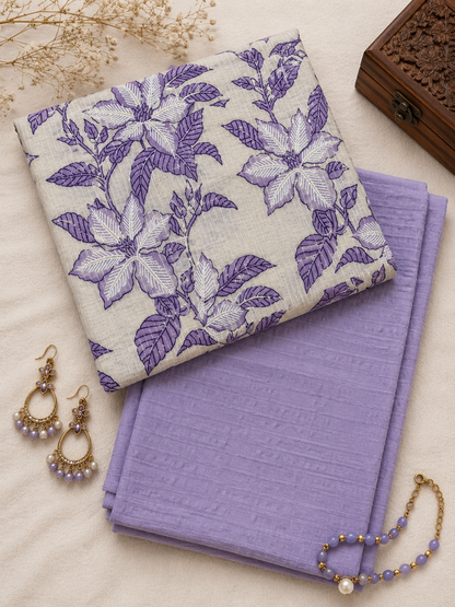 Premium Lilac Floral Cotton Suit Fabric with Self Texture Bottom