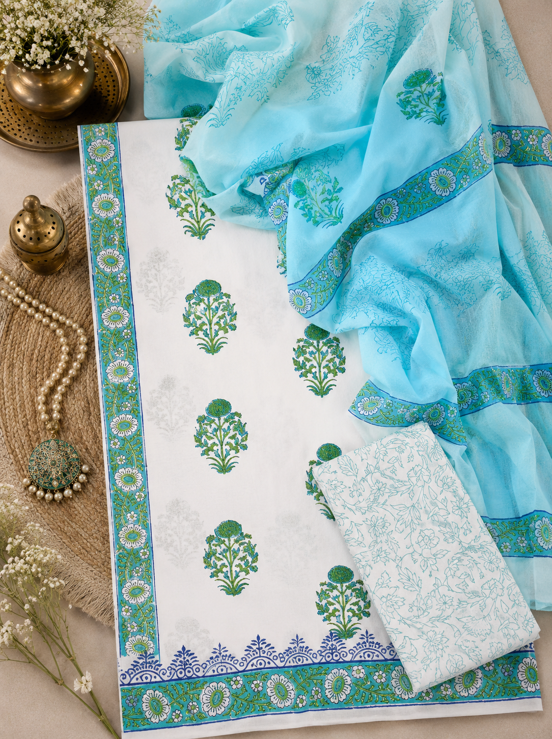 Premium Floral Block Print Cotton Suit Set with Sky Blue Ambra Dye Dupatta