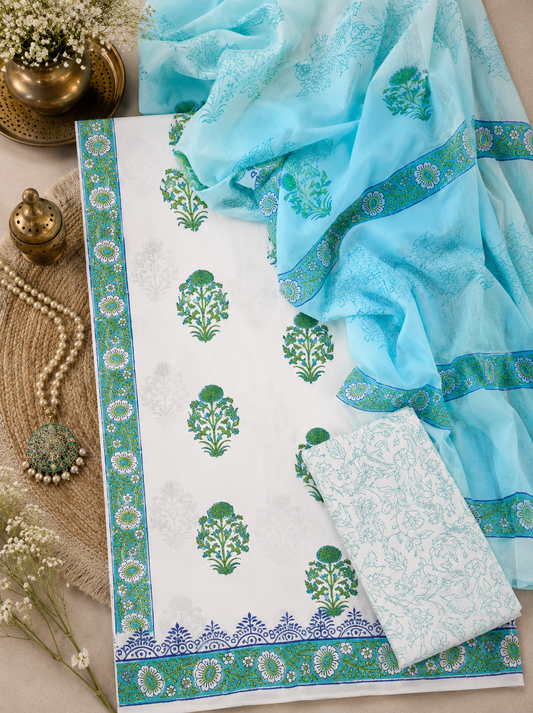 Premium Floral Block Print Cotton Suit Set with Sky Blue Ambra Dye Dupatta