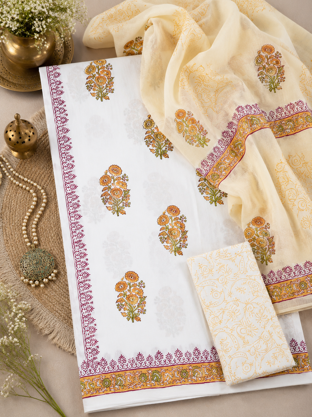 Cream Floral Block Print Cotton Suit Set with Beige Ambra Dye Dupatta