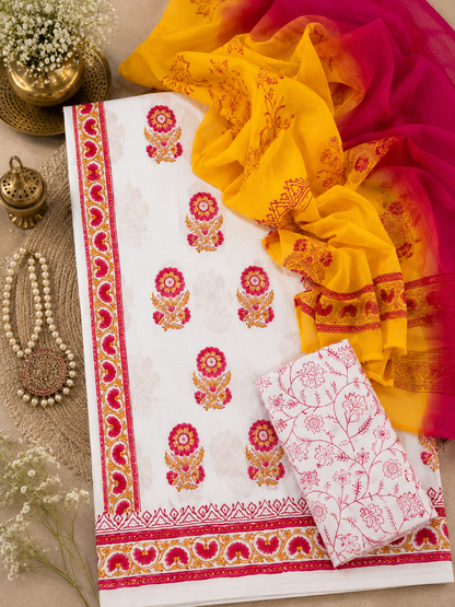 Premium Floral Block Print Cotton Suit Set with Yellow Ambra Dye Dupatta