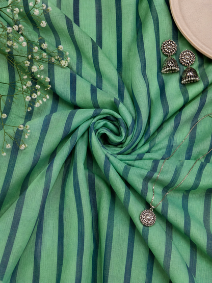 Green & Blue Striped Cotton Dupatta Fabric – Breathable Luxury Maal Cotton (60” Width)