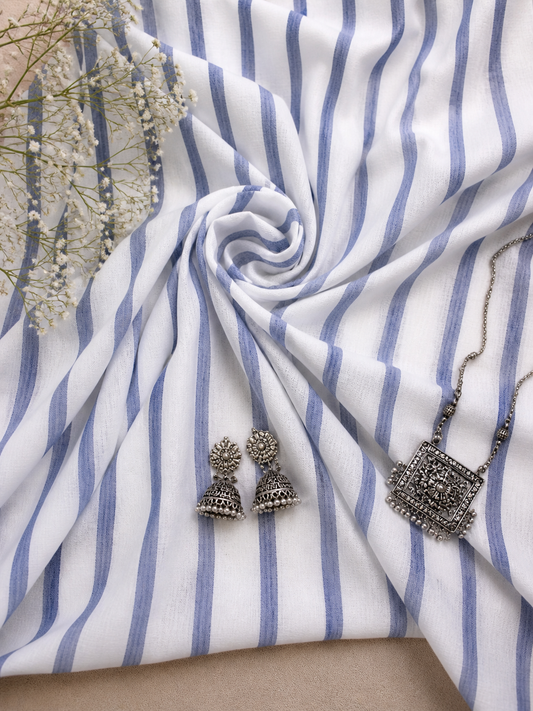 White & Blue Striped Cotton Dupatta Fabric – Breathable Luxury Mal Cotton (60” Width)