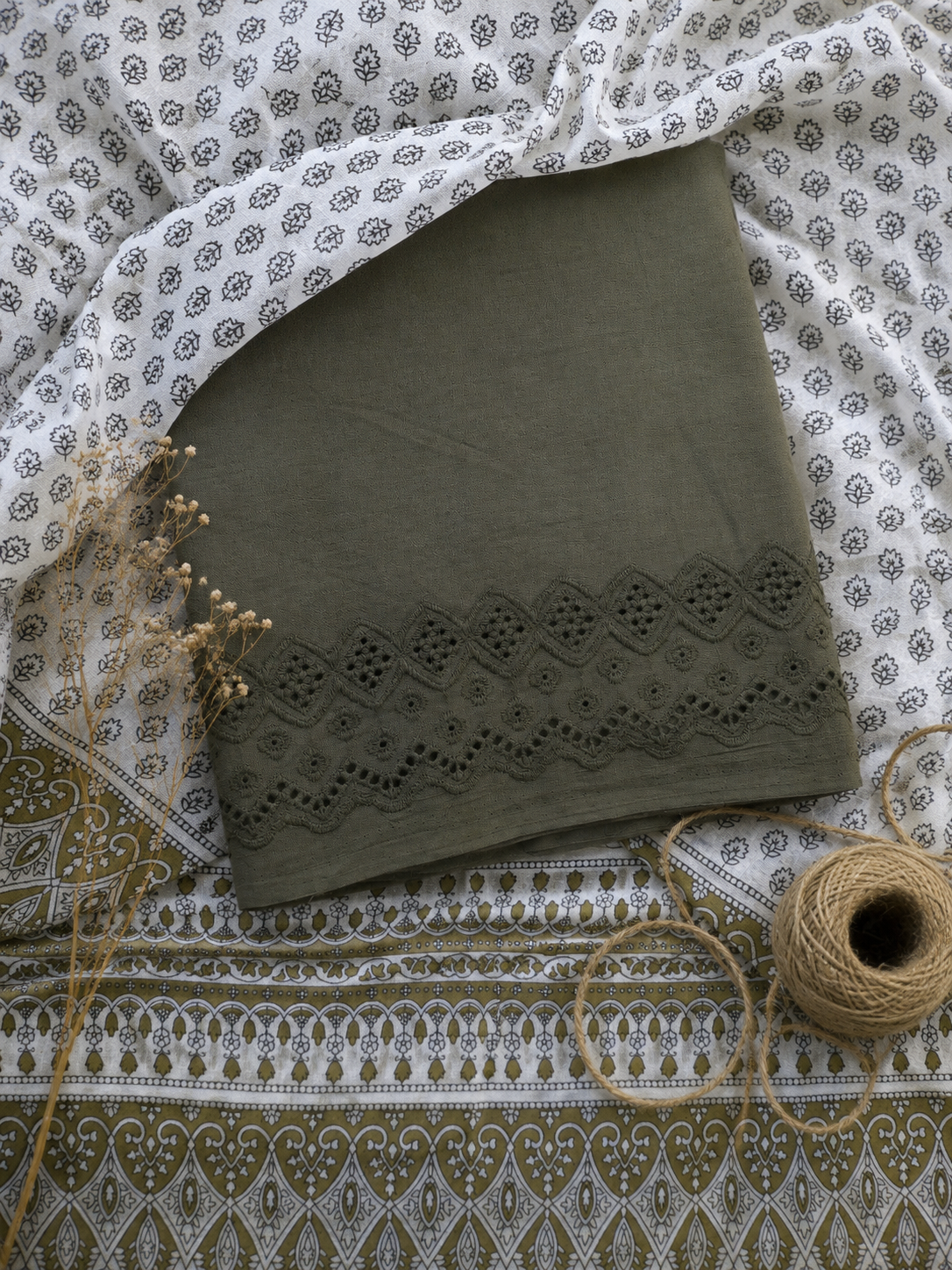 All Over Cotton Suit Set with Chikan Border Design & Mal Cotton Dupatta