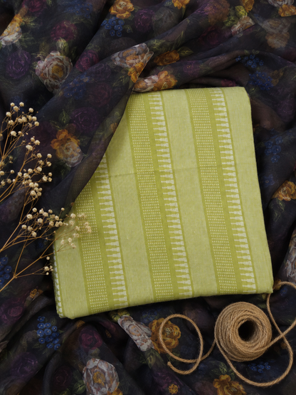 Pista Green Cotton Jamdani All Over Suit with Floral Chiffon Dupatta