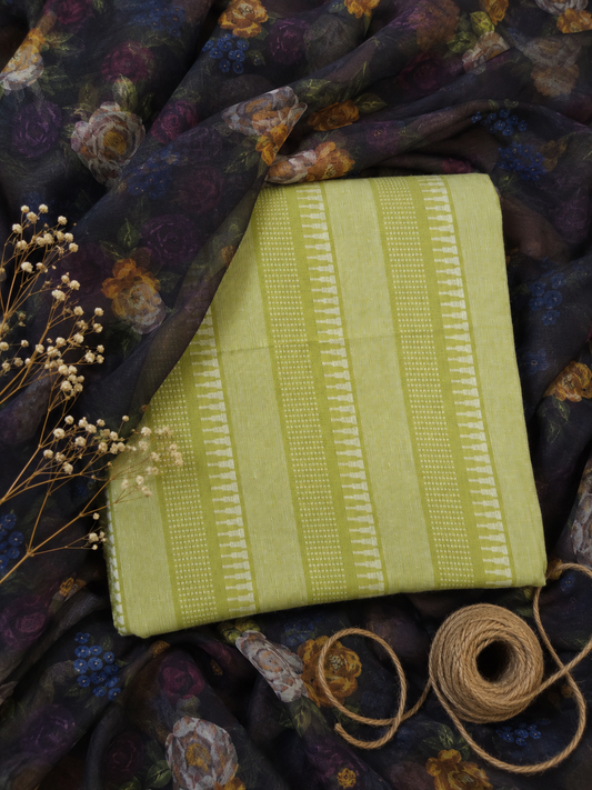 Pista Green Cotton Jamdani All Over Suit with Floral Chiffon Dupatta