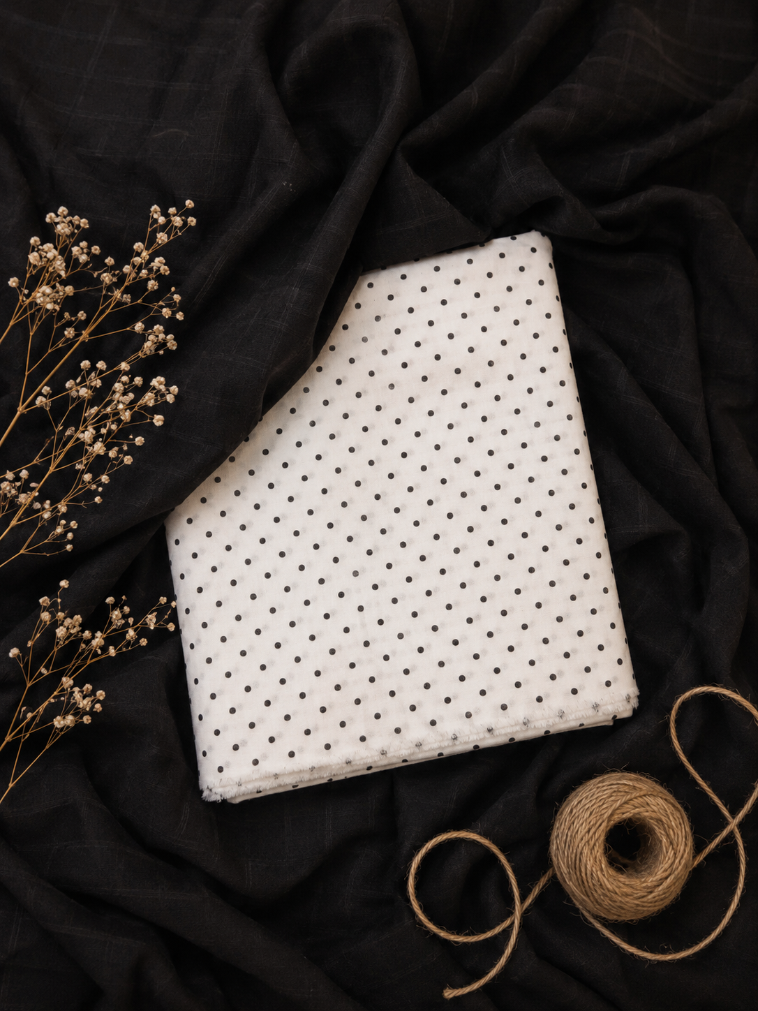 Black Polka Dot Cotton Linen All Over Suit with Self Cota Doria Cotton Dupatta
