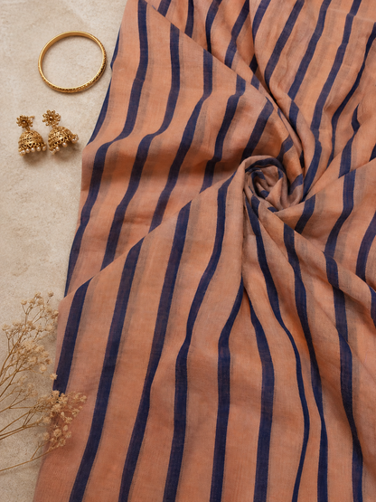Peach Orange & Blue Striped Cotton Dupatta Fabric – Breathable Luxury Maal Cotton (60” Width)