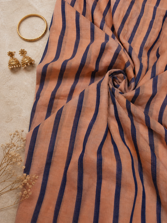 Peach Orange & Blue Striped Cotton Dupatta Fabric – Breathable Luxury Maal Cotton (60” Width)