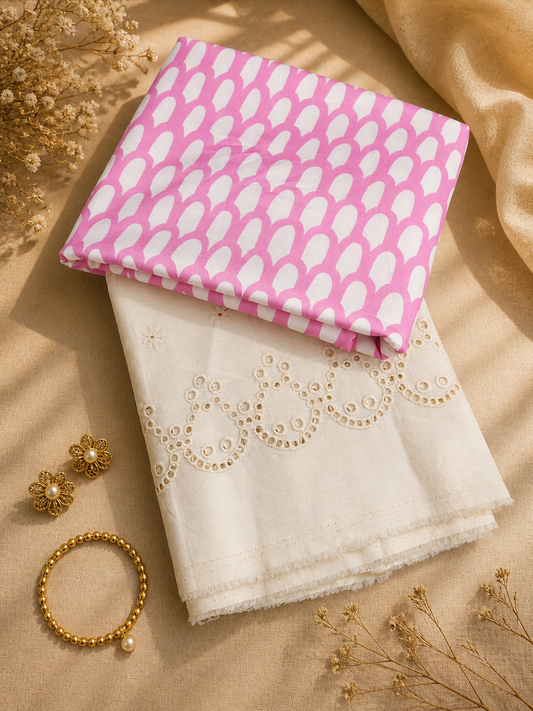 Premium Cotton Suit Set Fabric Pink Printed Top with White Chikankari Bottom