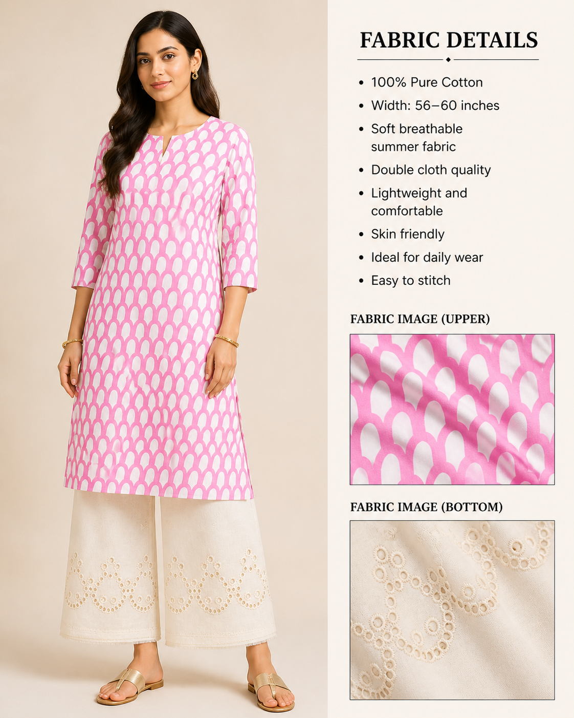 Premium Cotton Suit Set Fabric Pink Printed Top with White Chikankari Bottom
