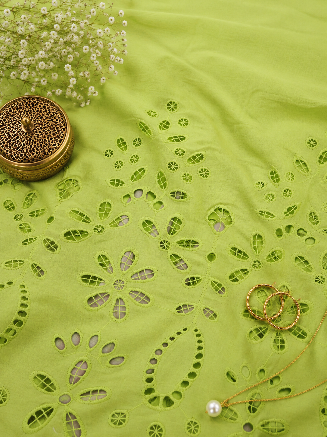 Premium Lime Green Cotton Schiffli Cutwork Fabric
