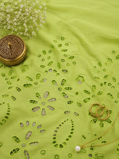 Premium Lime Green Cotton Schiffli Cutwork Fabric