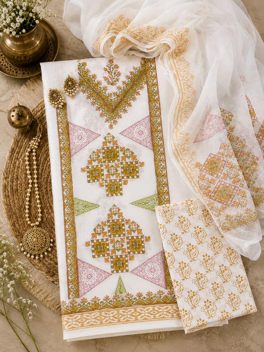 Ivory Multicolor Block Print Cotton Suit Set with Chiffon Dupatta