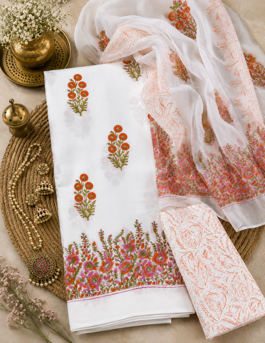 White Peach Floral Garden Print Cotton Suit Set with Chiffon Dupatta