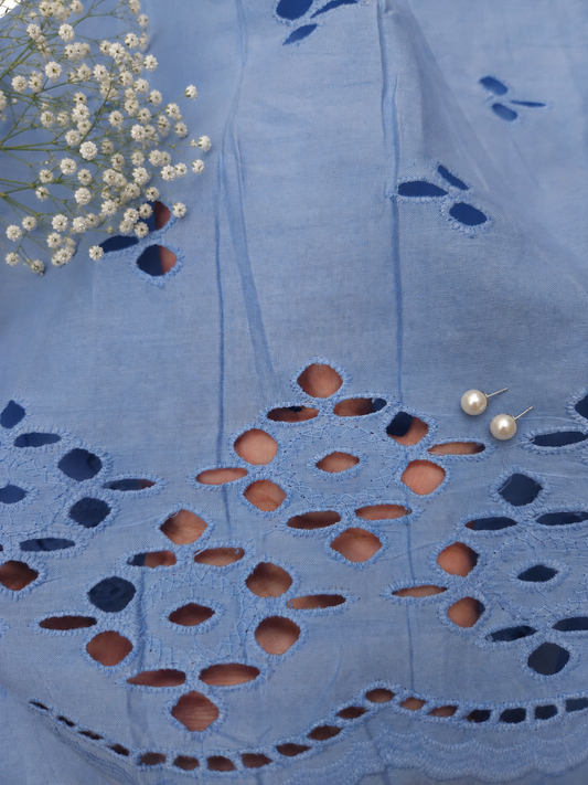 Premium Sky Blue Cotton Border Chikankari Schiffli Fabric