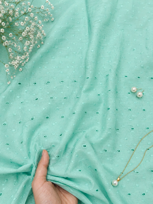 Designer Aqua Cotton Chikankari Schiffli Fabric