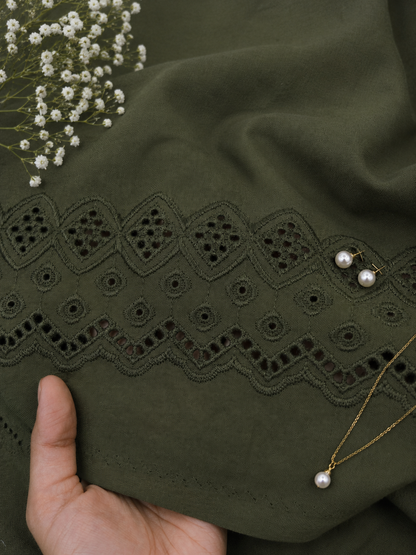 Premium Olive Green Cotton Border Chikankari Schiffli Fabric