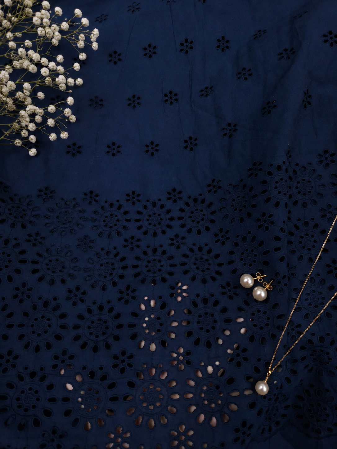 Premium Navy Blue Cotton Border Chikankari Schiffli Fabric