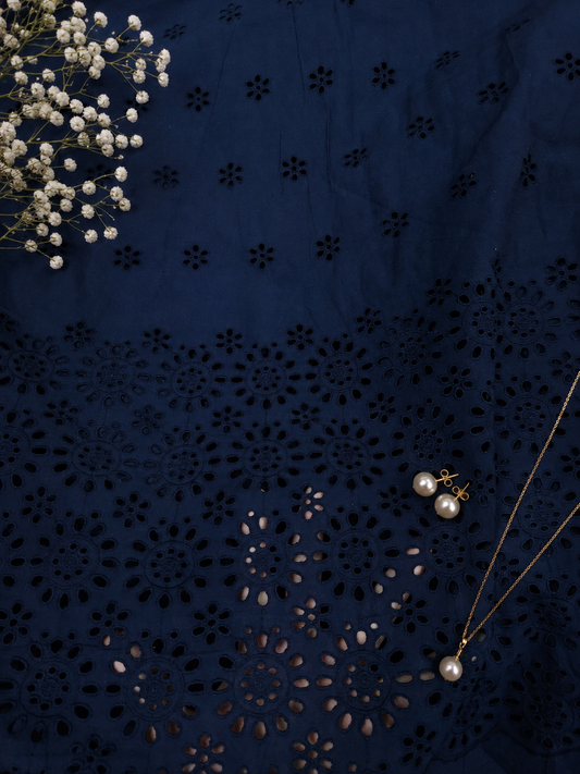 Premium Navy Blue Cotton Border Chikankari Schiffli Fabric