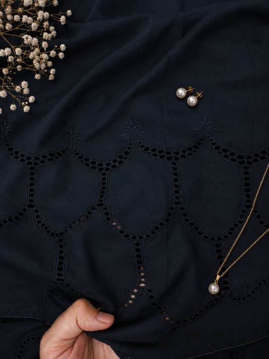 Designer Black Cotton Border Chikankari Schiffli Fabric