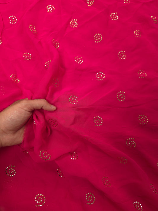 Hot pink Georgette fabric with mukaish work Saree Fabric