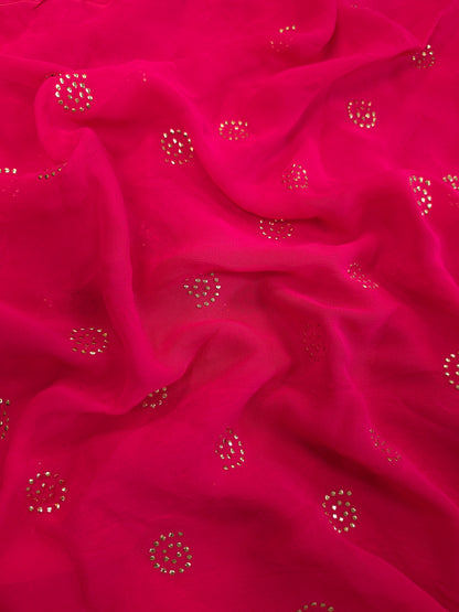 Hot pink Georgette fabric with mukaish work Saree Fabric