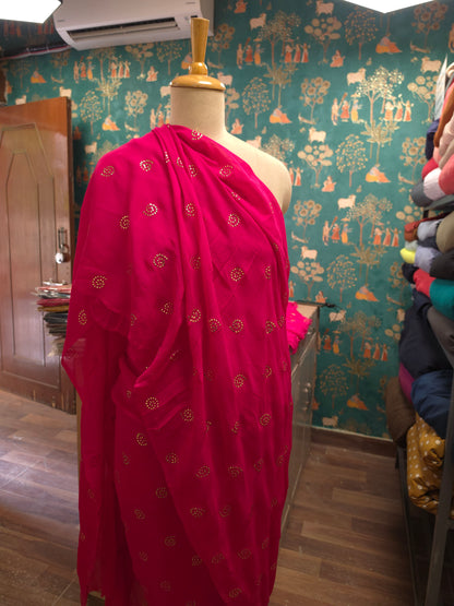 Hot pink Georgette fabric with mukaish work Saree Fabric