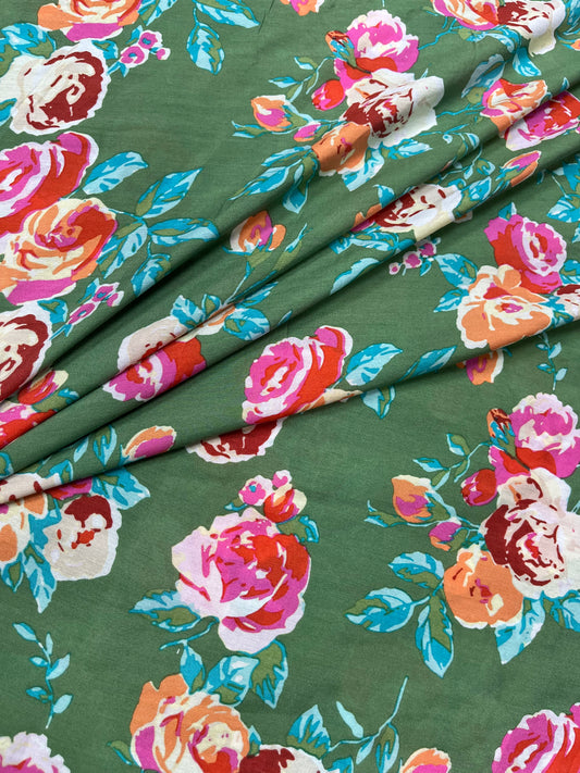 Sage Green Floral Muslin Print Fabric
