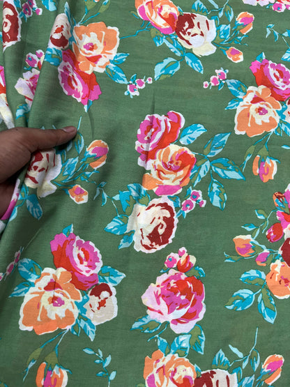 Sage Green Floral Muslin Print Fabric