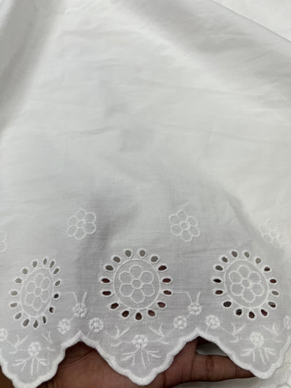 White Ivory Bloom Cotton Poplin Border Chikan Fabric