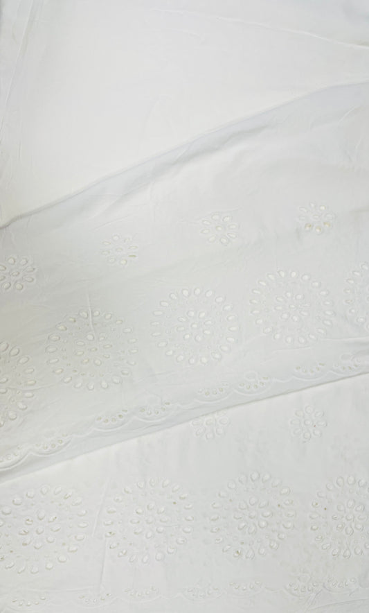 White Bloom Cutwork Cotton Poplin Border Chikan Fabric