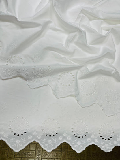 White Ivory Bloom Cotton Poplin Border Chikan Fabric