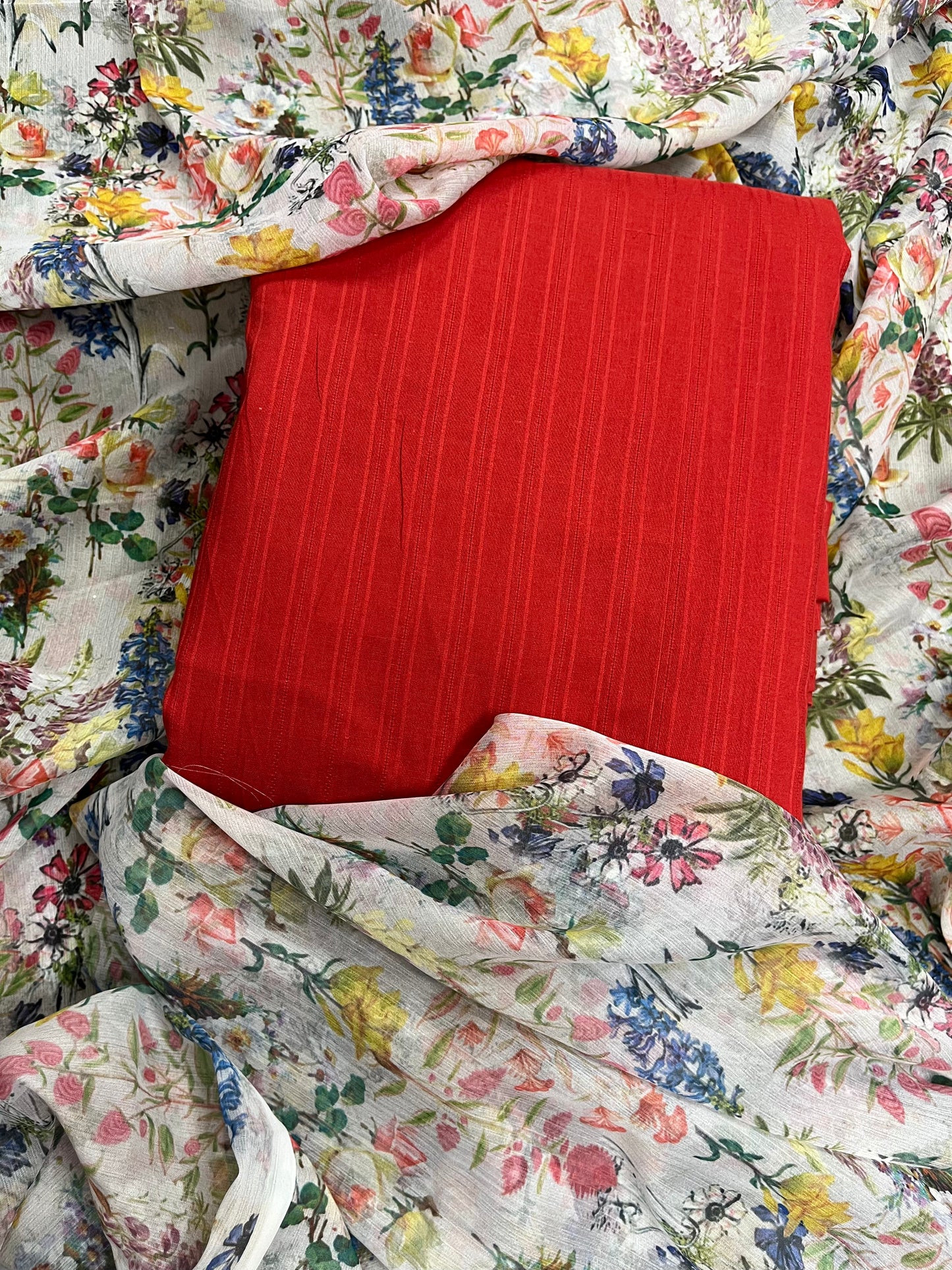 Premium Red  Cotton Suit Set with Grey FloralChiffon Dupatta