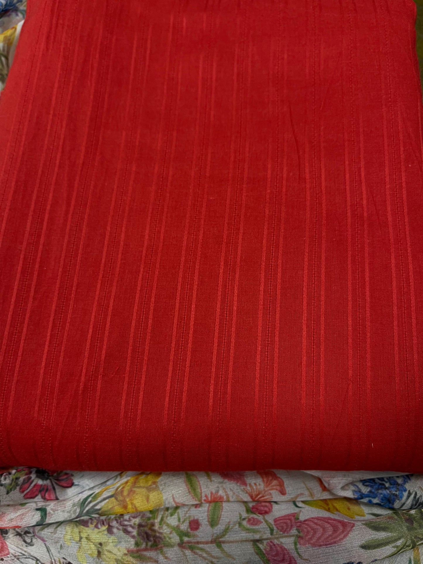 Premium Red  Cotton Suit Set with Grey FloralChiffon Dupatta